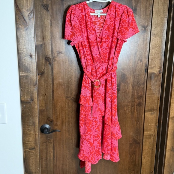 Sofia Vergara Women’s midi dress tea length Size M tropical print belted - Picture 2 of 6